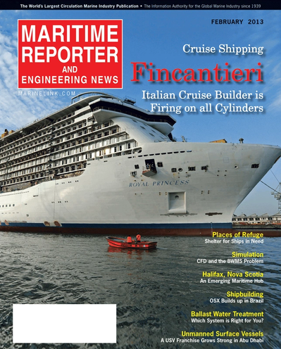 Cover of February 2013 issue of Maritime Reporter and Engineering News Magazine