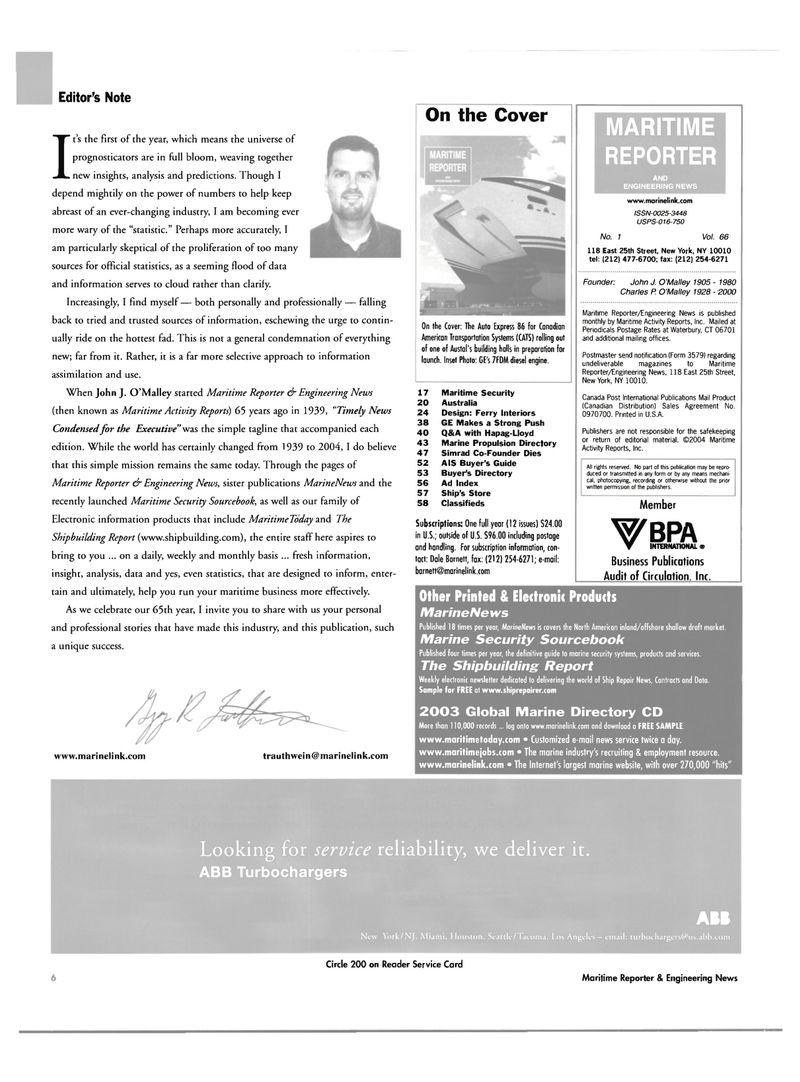 Maritime Reporter Magazine, page 6,  Jan 2004