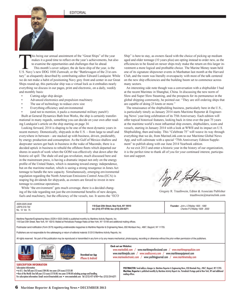 Maritime Reporter Magazine, page 6,  Dec 2013