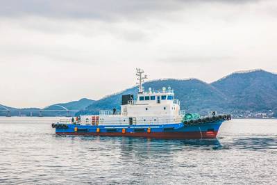 Tsuneishi launched Japan’s first hydrogen dual-fueled tugboat. Image courtesy Tsuneishi Shipbuilding